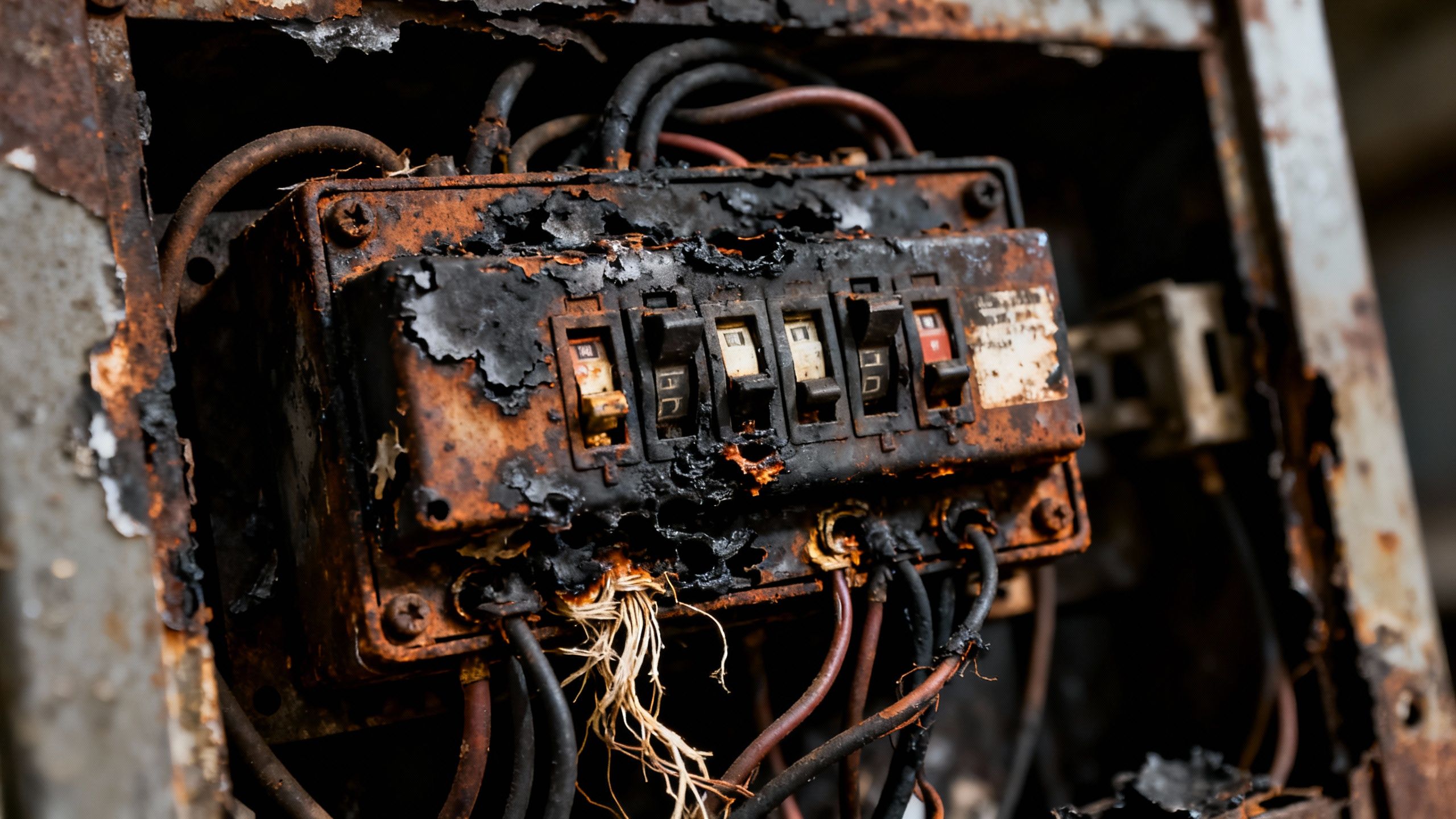 Burnt-out old fuse box with exposed wires.