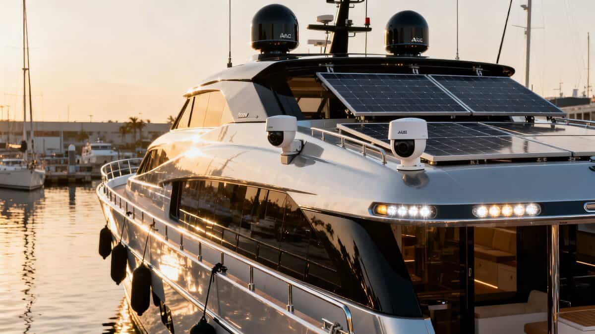 Luxury yacht with integrated Ajax security system at a marina.