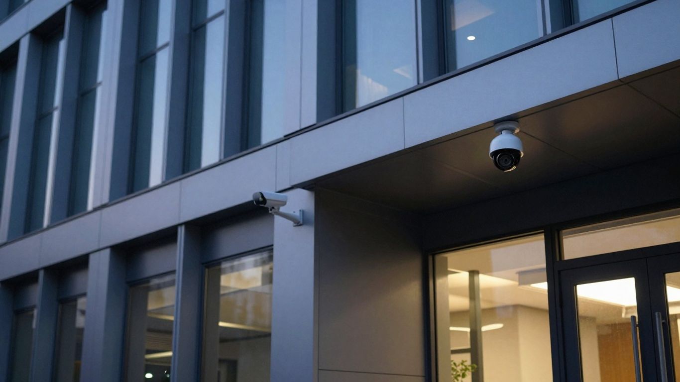 Moderne bedrijfsbeveiliging met camera bij kantoorpand.