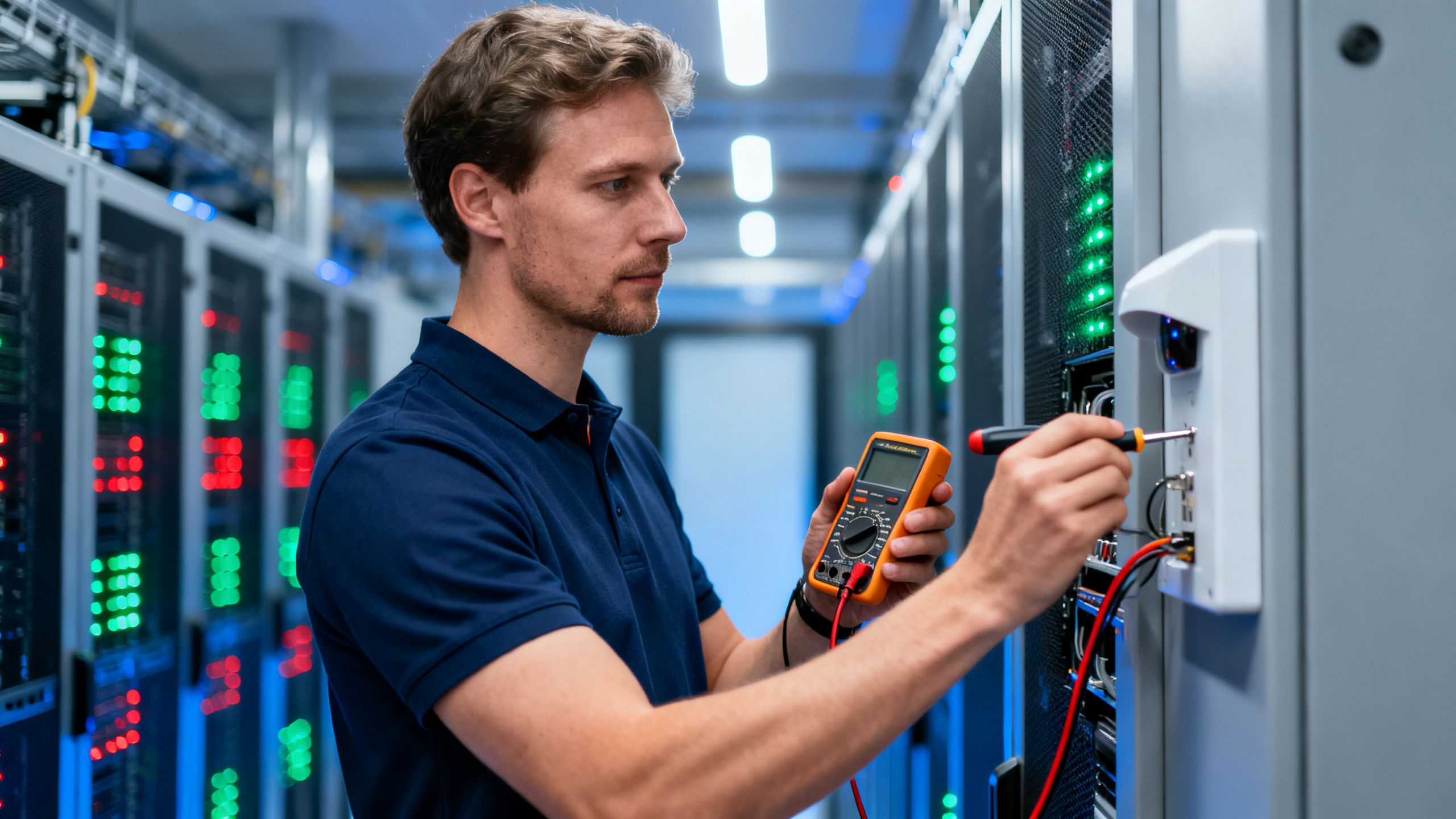 Technician servicing security equipment in a server room.